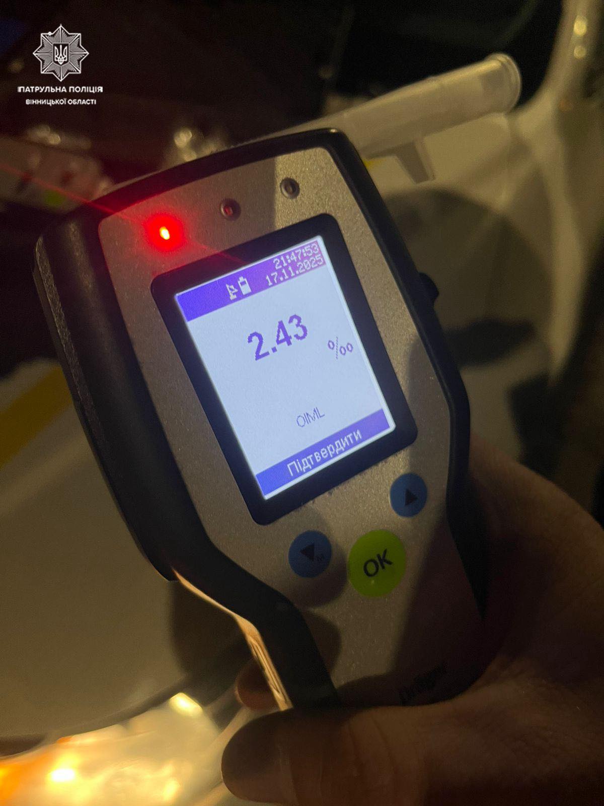 П'яний за кермом: патрульні виявили водія з високим рівнем алкоголю