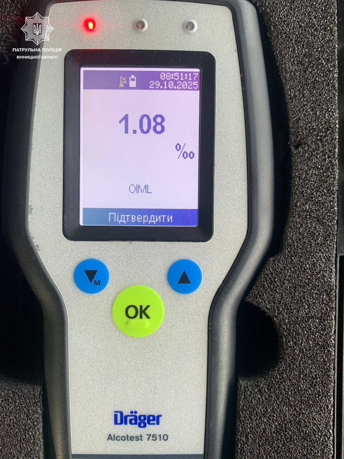 Водій напідпитку на Вінниччині: рівень алкоголю перевищив норму у 5 разів