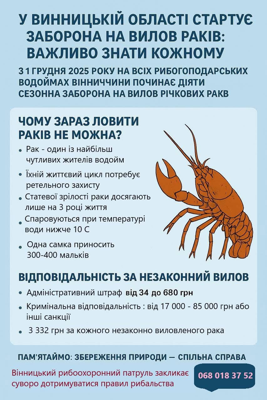 У Вінницькій області вводять заборону на вилов раків