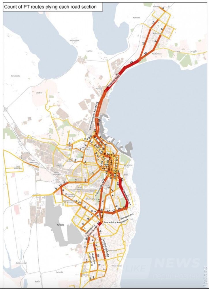 Количество разных доступных маршрутов общественного транспорта на разных улицах